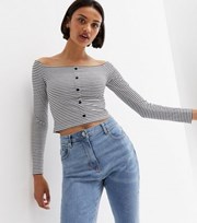 New Look White Stripe Long Sleeve Button Front Bardot Top